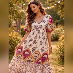 Fig + Flower Boho Maxi Dress Floral Festival Cottagecore M